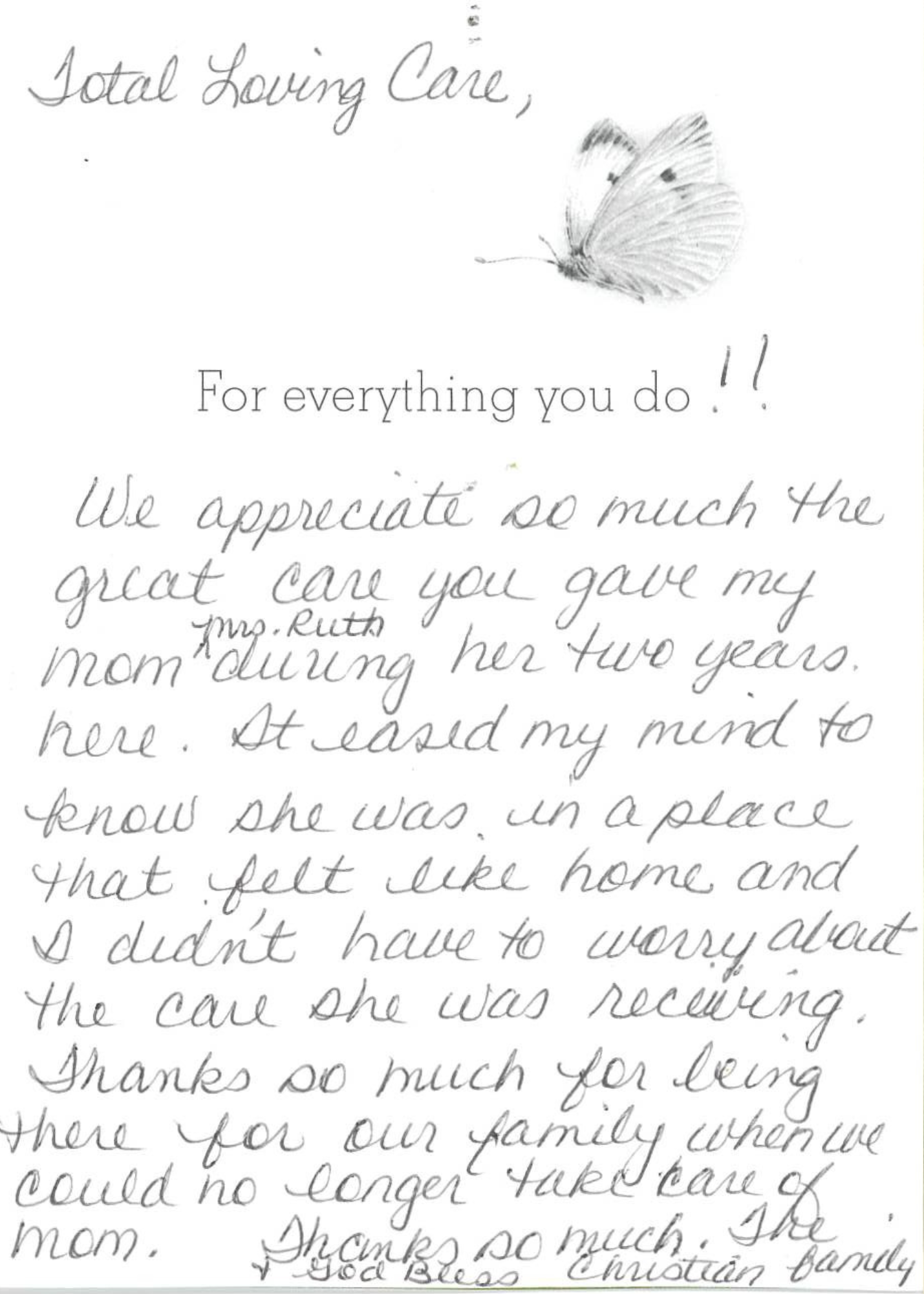 Handwritten thank-you card from the Christian family