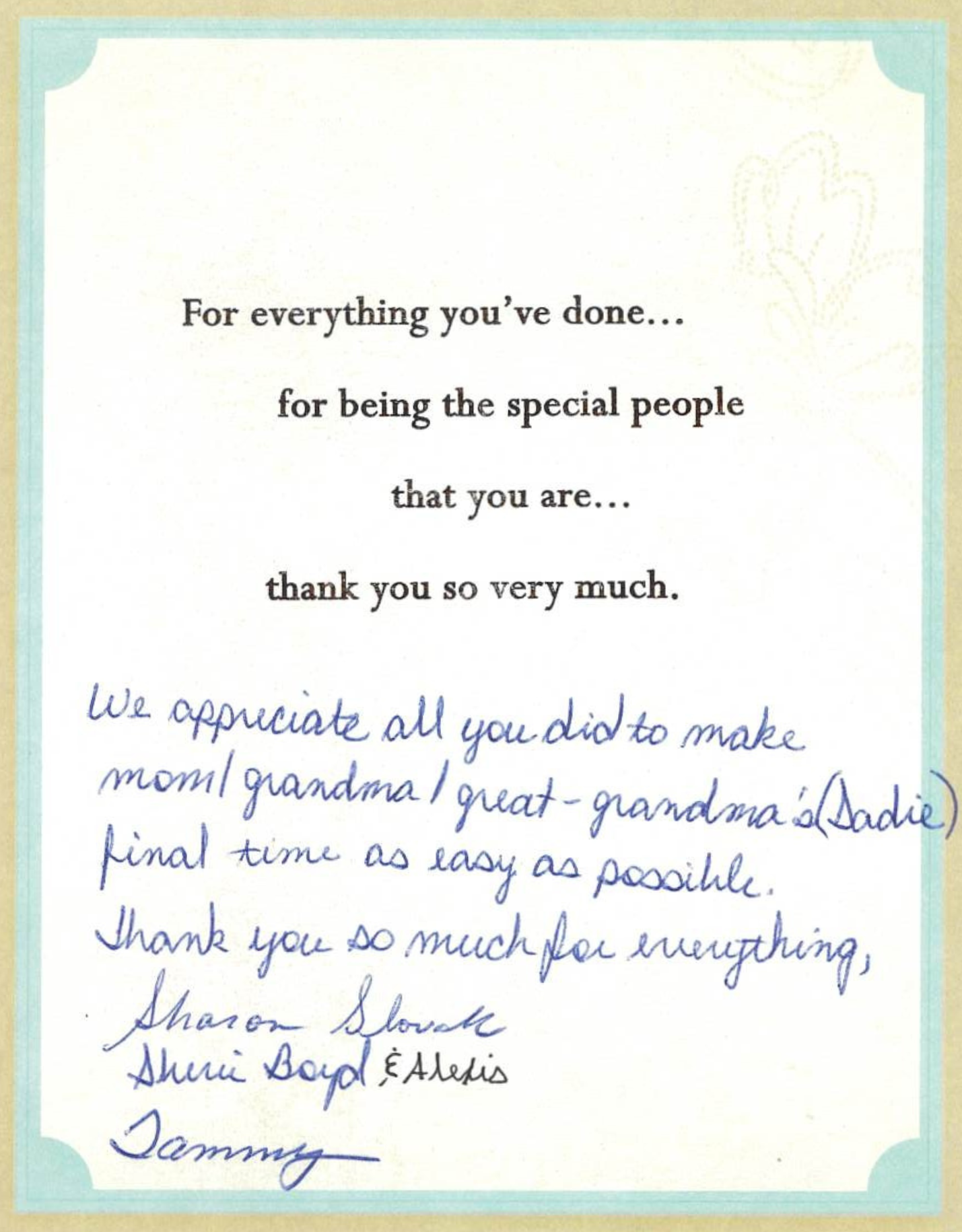 Handwritten thank-you card from three generations of one family
