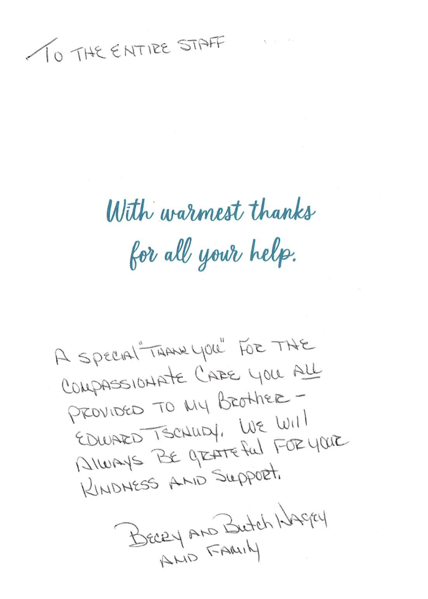 Handwritten thank-you card from the Nagey family